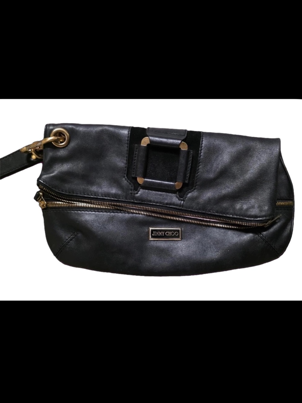 Jimmy Choo Black Leather Fold-Over Clutch with Gold Hardware